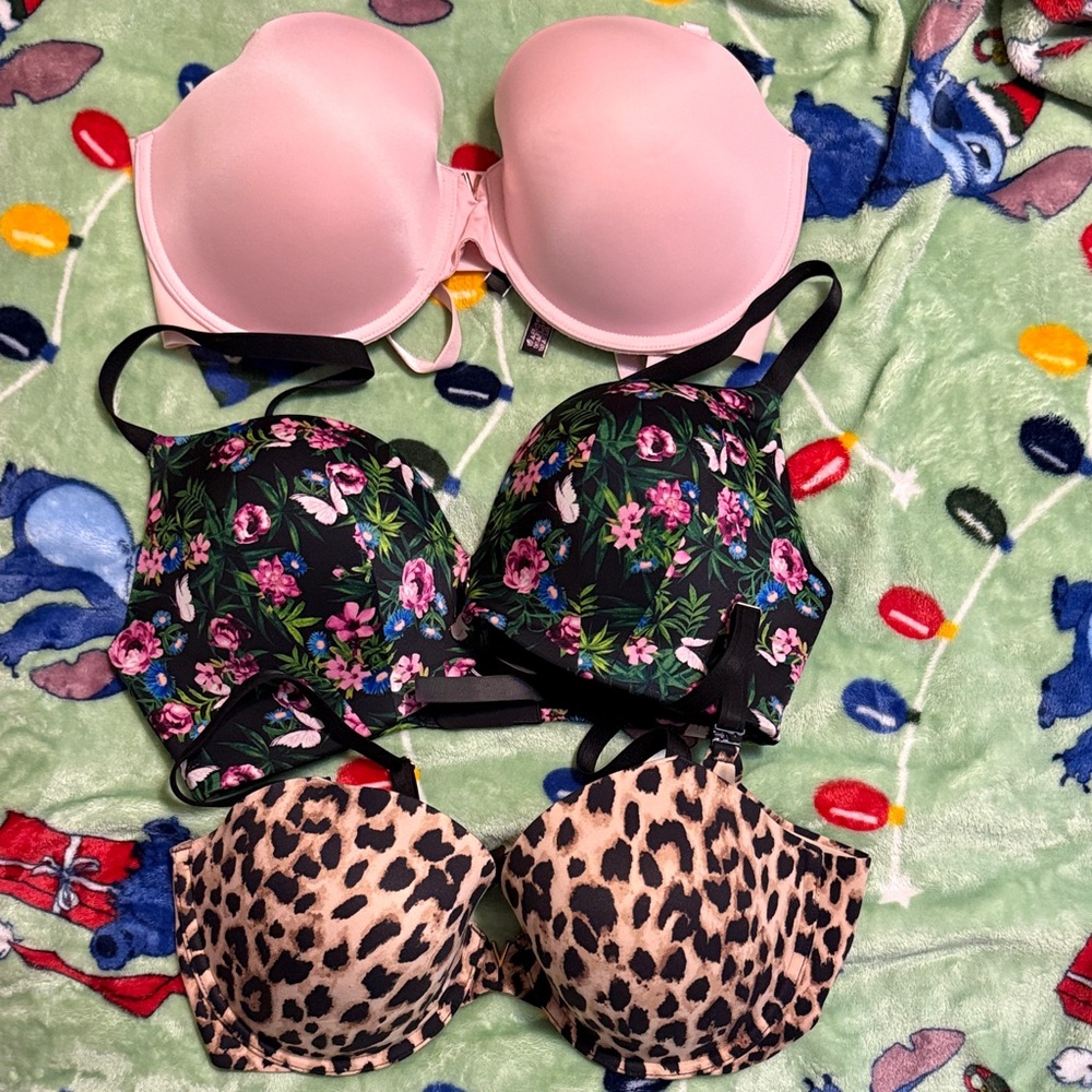 Victoria's Secret Pink, Floral, and Leopard Bra Trio